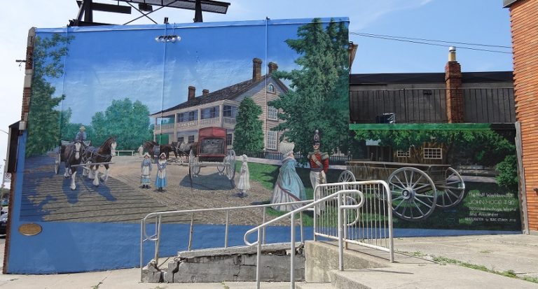 A mural depicting a Georgian-style home and six figures in period clothing.