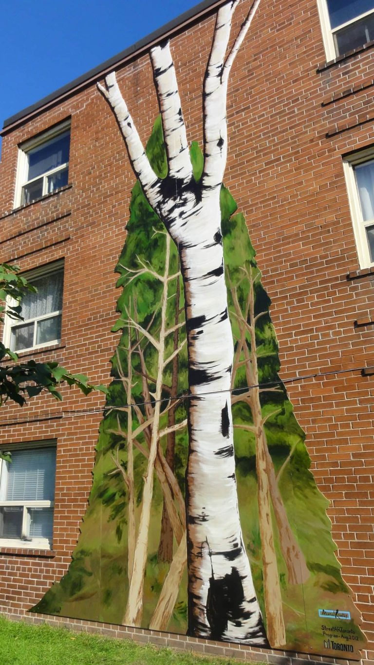 A mural of a large birch tree, surrounded by other smaller trees, affixed to a wall.