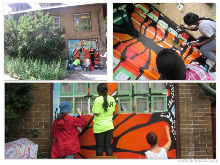 Three images of individuals painting a monarch butterfly on a garage door.