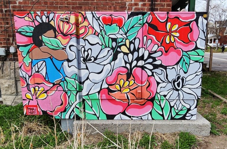 Floral pattern painted by Maya Hum on a Bell phone switch box