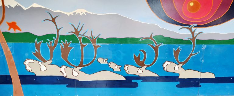 6 caribou swim in a river under an intense red sun