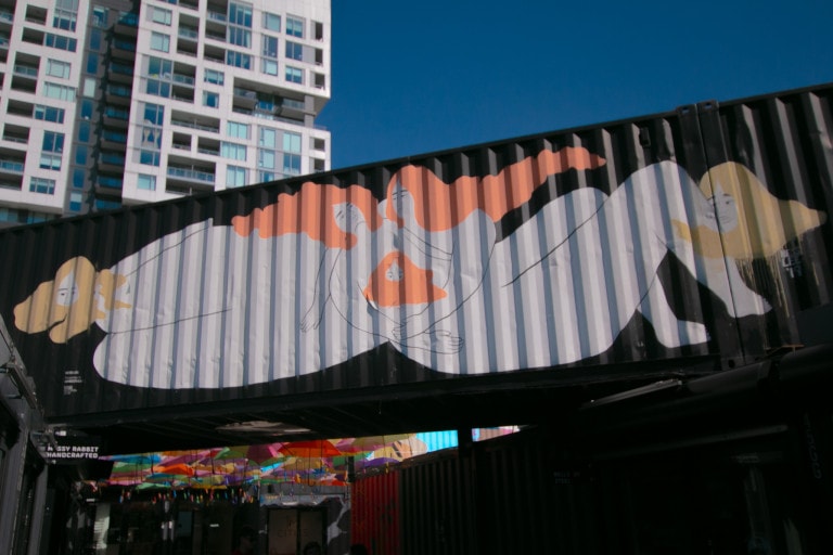 Photo of shipping container mural above an entry way. Female figures in pink and yellow hair are intertwined against a black background.