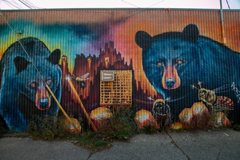 Large mural on side of Guan’s Auto Service, of two black bears with a psychedelic backdrop remniscient of northern lights. At the front are honey combs and bees, a grate at the centre of the wall has been painted to look like a honey comb