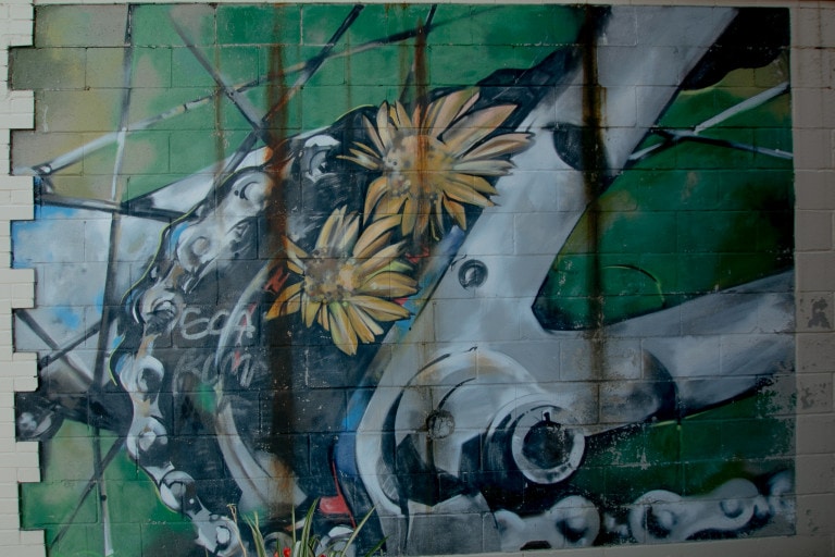 Mural of a close up of the gears on a bicycle, with flowers growing out of it