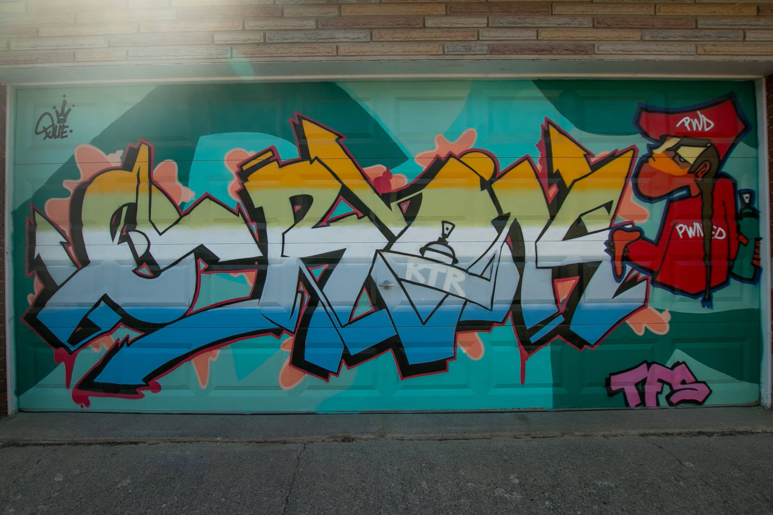 Photo of a garage door mural with an aqua and green coloured background of graffiti style lettering in blue, yellow and orange. A character is on the side in red holding spray paint with “pwned” written on the shirt. The letters “TFS” appears on the bottom right.