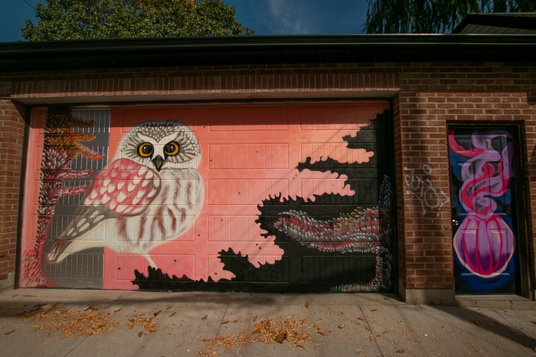 Photo of a garage door mural featuring a white owl on the left facing the viewer on a pink background. A silhouette of a tree is on the right of it, with small spray marks painted that resemble leaves on a tree.