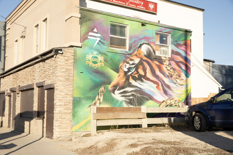 On a green background, a tiger with multicoloured stripes wears a gold chain.