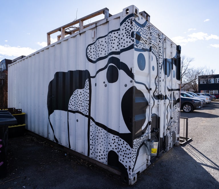 Abstract black and white spots and lines.