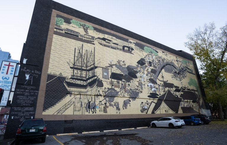 Historic scene of China by the water, businesses working on the streets,