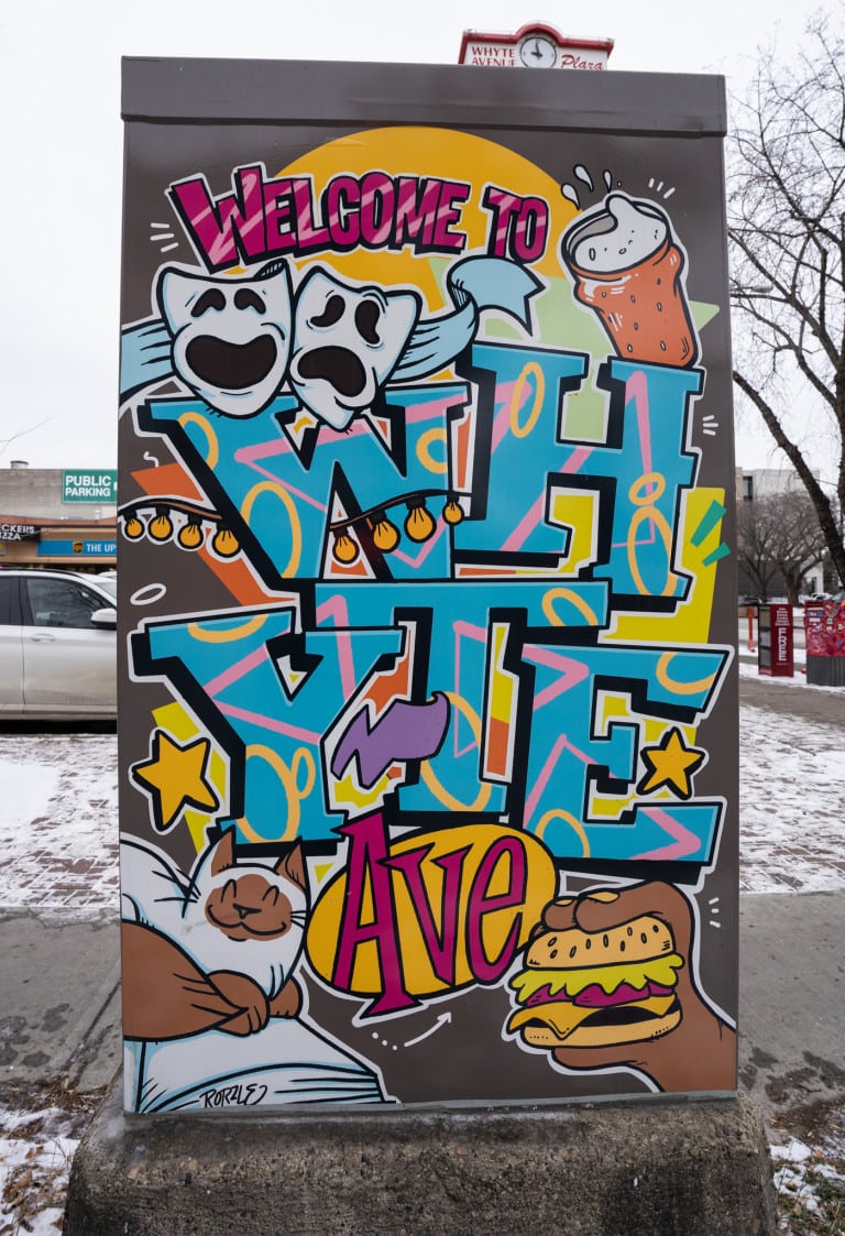 "WELCOME TO 82 WHYTE AVENUE" block letter text with easter egg objects of local businesses in the area.