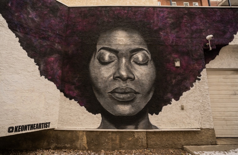 Portrait of a woman with half of afro, in purple, pink, and black.