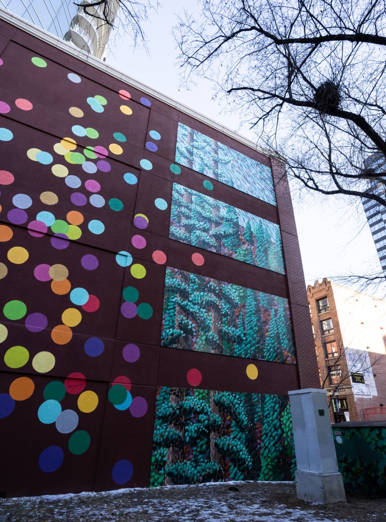 3 panels spaced out vertically showcasing forest and trees.