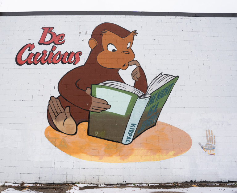 From left to right. 'Be Curious' text in red block letters. Curious George monkey cartoon character reads a book called 'The Night is a Jungle' on the right of the text.