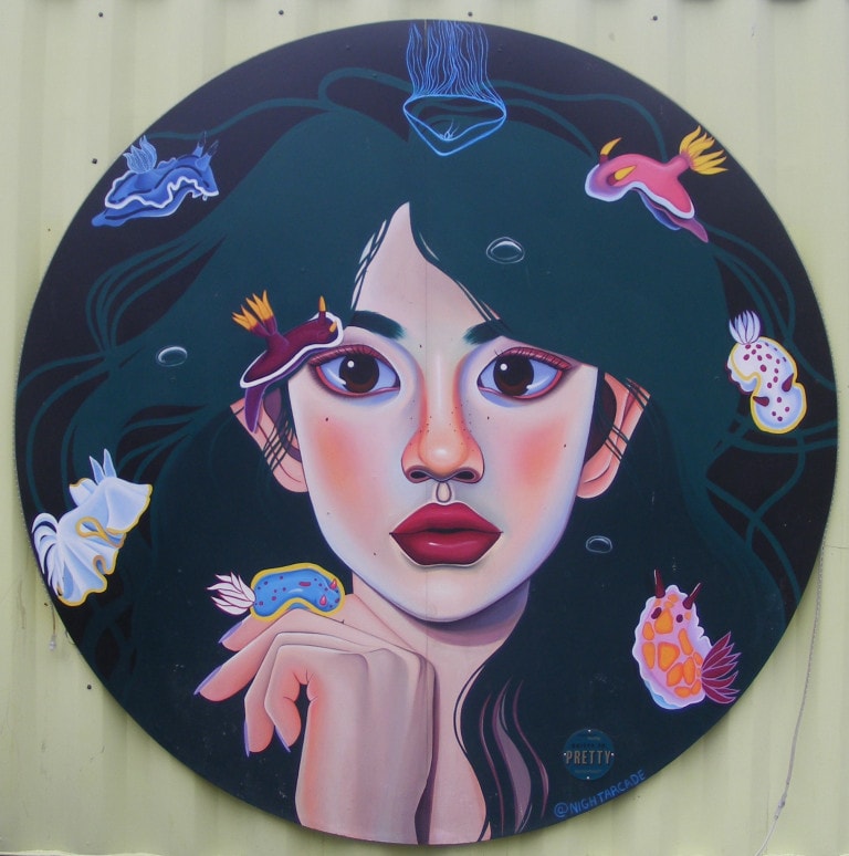 A woman with blue-green hair and big eyes stares foreword. Various colourful sea slugs stick to her and are perched on her hair. Bubbles imply she's underwater.