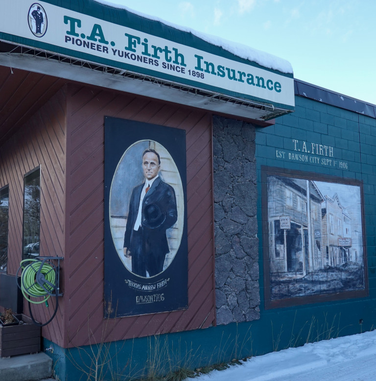 Mural depicting 2 panels. The first panel features company founder Thomas Andrew Firth and the second panel show their original building in Dawson City in 1906.